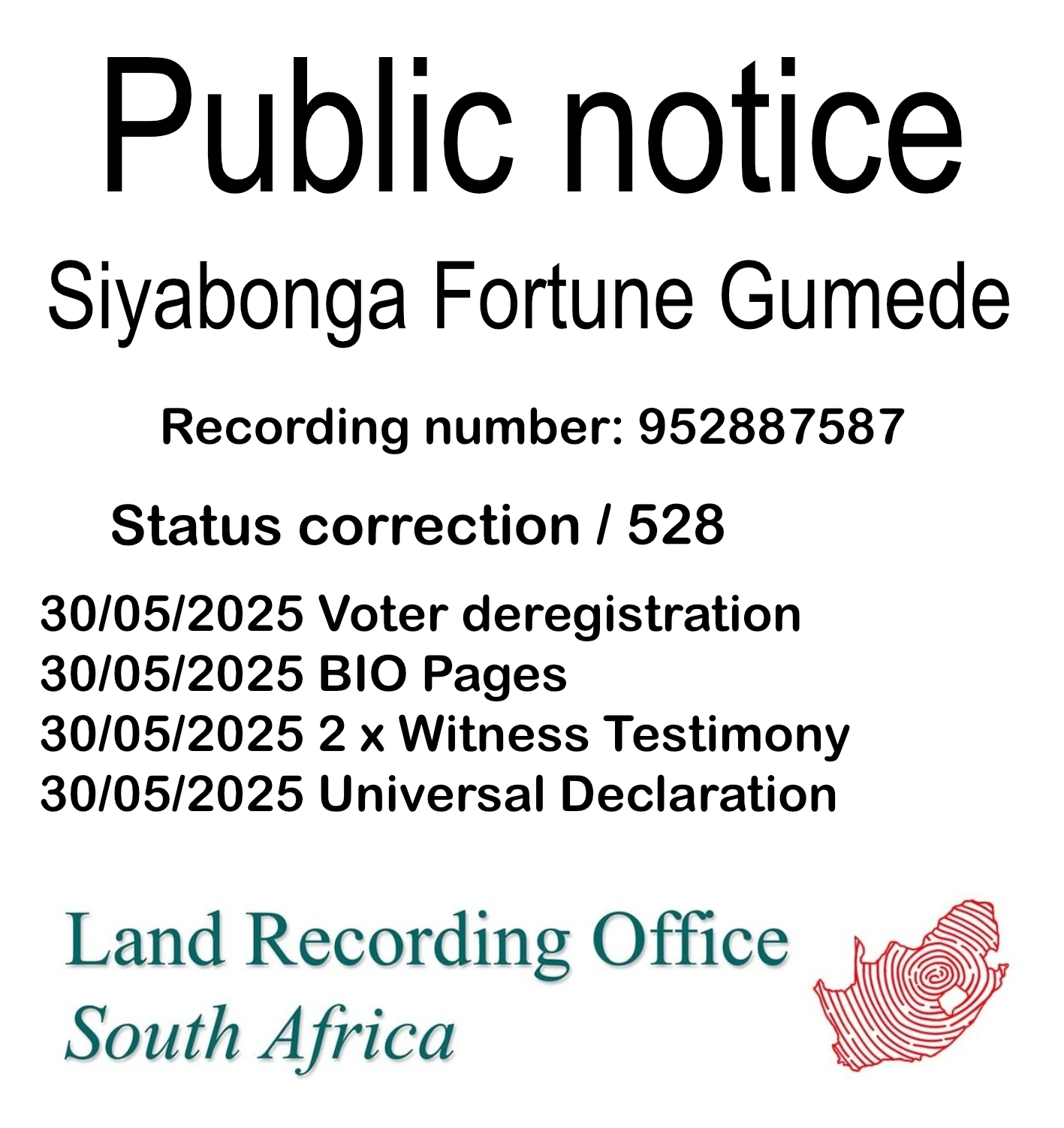 Public Notice Siyabonga Fortune Gumede (c) Recording number 952887587